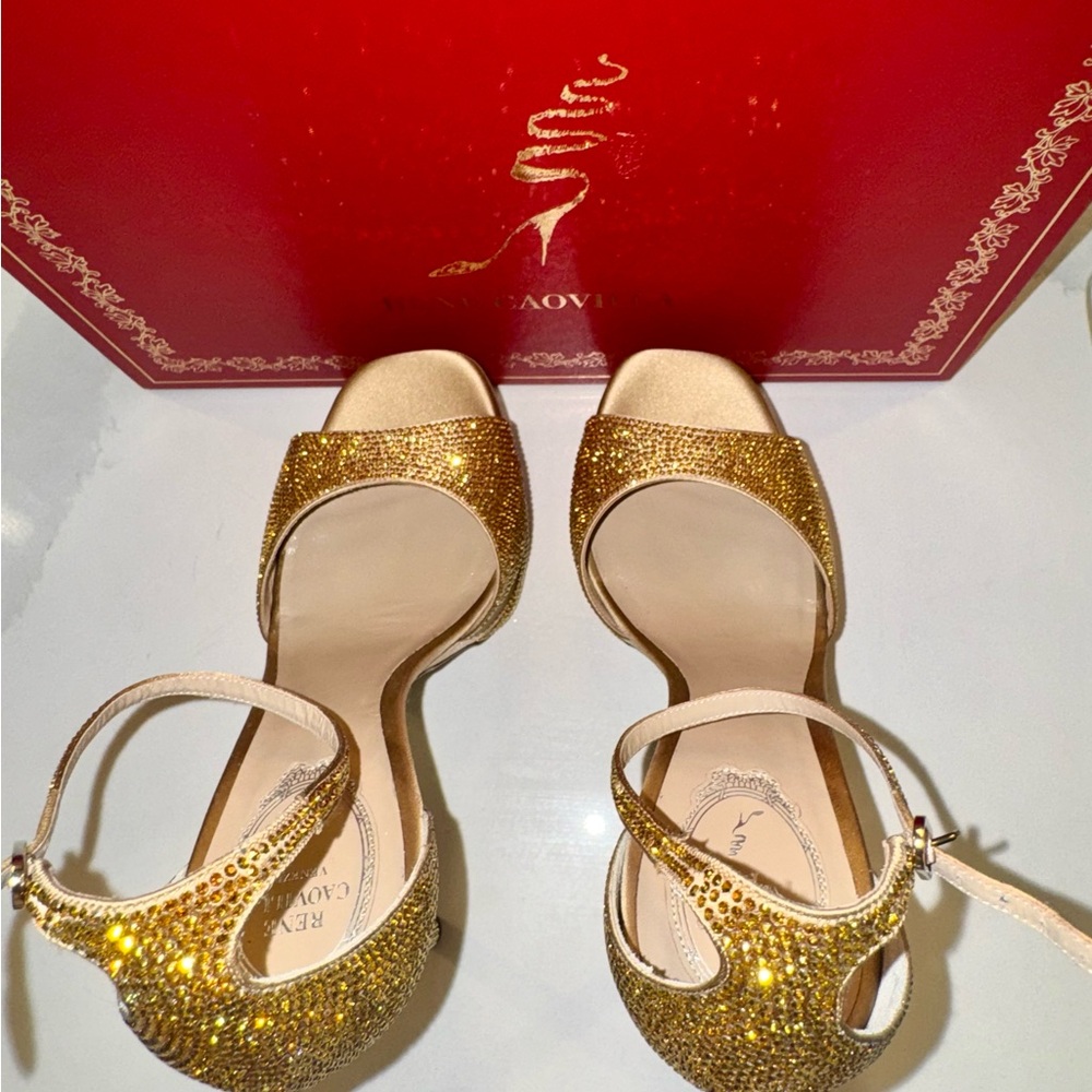 Rene Caovilla - Crystal Gold Platform Heels - New - 38 US - Picture 12 of 15